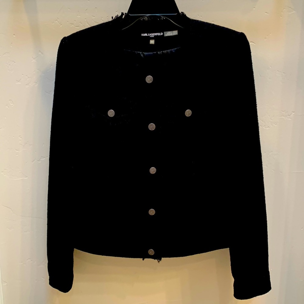 Karl Lagerfeld Paris Tweed Snap Front Jacket with Fringe Trim